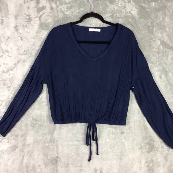 White Willow Women’s Navy Ribbed Long Sleeve Cropped Top Drawstring Hem Sz M - Picture 9 of 13